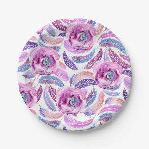 Assiettes En Carton Plaques de papier en lavande avec plumes et fleurs