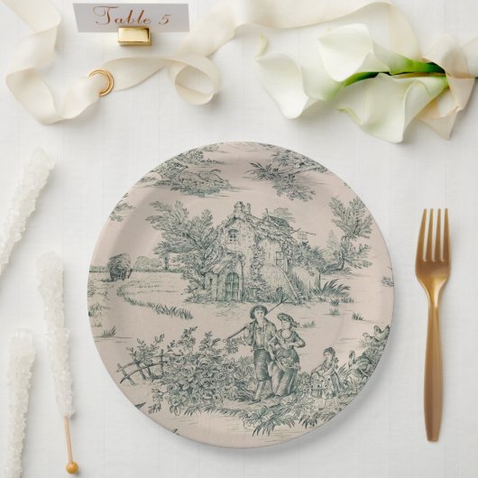 Assiettes En Carton Plaques de papier en toile française verte (Mariage)