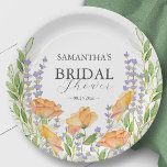 Assiettes En Carton Plaques de papier Fête des mariées Fleur sauvage<br><div class="desc">Ces plaques en papier de douche nuptiale sont équipées d'un fond de fleurs sauvages d'aquarelle dans les tons orange et violet lavande. Utilisez les champs modèle pour ajouter votre texte personnalisé. Un choix élégant pour les mariages avec un thème fleur sauvage ou des douches à marée de jardin botanique. L'aquarelle...</div>
