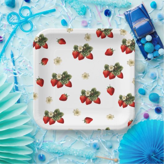 Assiettes En Carton Plaques de papier fraise avec fleurs sur blanc (Fête)