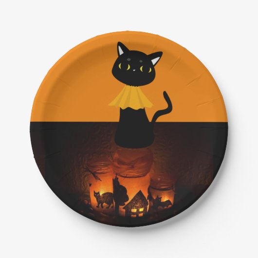 Assiettes En Carton Plaques de papier Halloween, Chat noir (Devant)