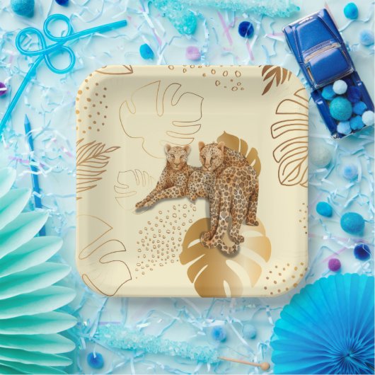 Assiettes En Carton Plaques de papier léopard feuille en or jaune (Fête)