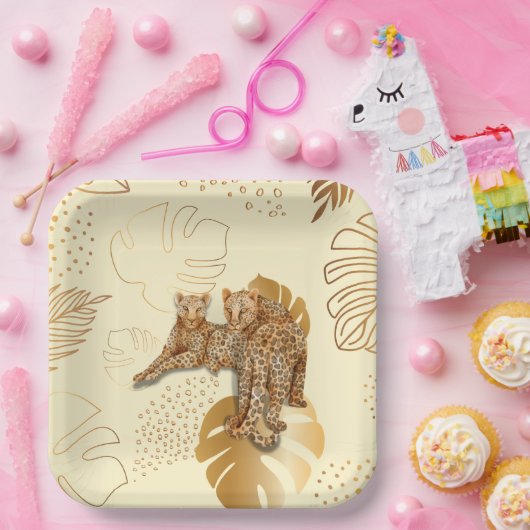 Assiettes En Carton Plaques de papier léopard feuille en or jaune (Fête)