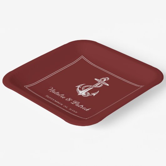 Assiettes En Carton Plaques de papier Mariage Ancre Nautique Rouge (Angulaire)
