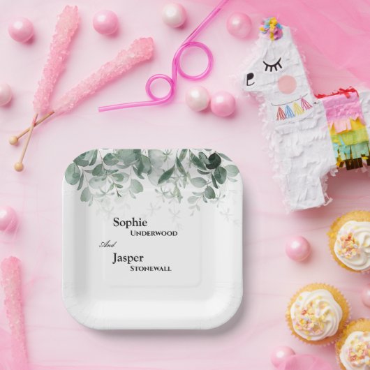 Assiettes En Carton Plaques de papier Mariage blanc vert moderne (Fête)