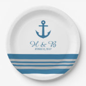 Assiettes En Carton Plaques de papier Mariage Blue Grey Nautical Ancre (Devant)