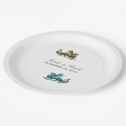 Assiettes En Carton Plaques de papier Mariage Dragon Turquoise Or (Angle)