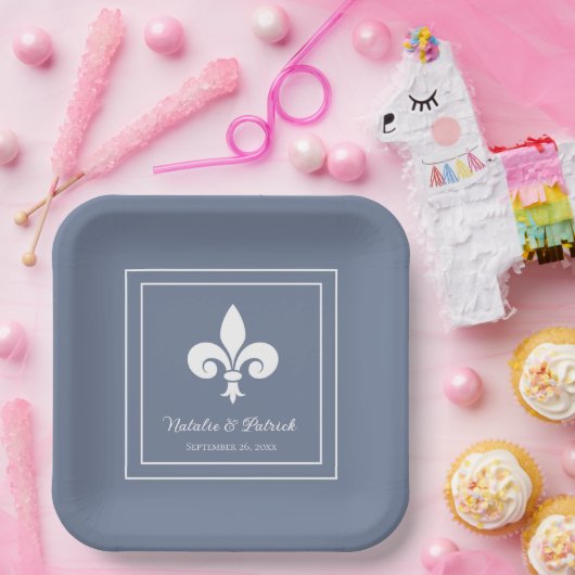 Assiettes En Carton Plaques de papier Mariage Dusty Blue Fleur de Lis (Fête)