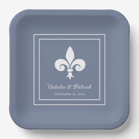 Assiettes En Carton Plaques de papier Mariage Dusty Blue Fleur de Lis (Recto)