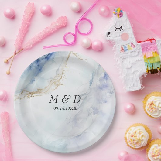 Assiettes En Carton Plaques de papier Mariage en marbre bleu moderne (Fête)