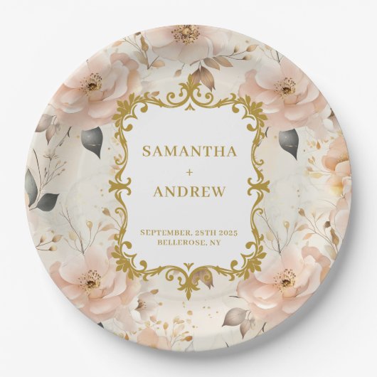 Assiettes En Carton Plaques de papier Mariage en or brillant romantiqu (Devant)