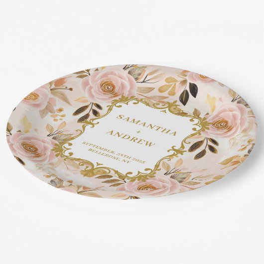 Assiettes En Carton Plaques de papier Mariage Luxe Blush Gold (Angle)