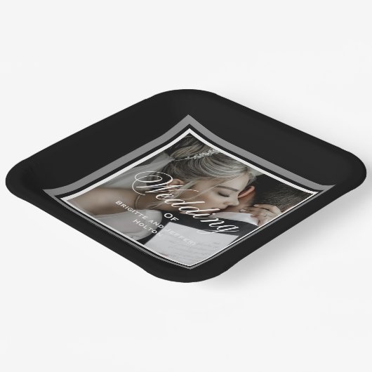 Assiettes En Carton Plaques de papier mariage noir et blanc (Angulaire)
