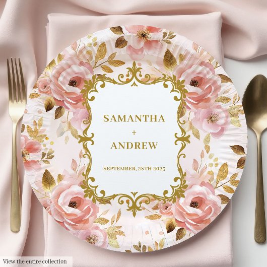 Assiettes En Carton Plaques de papier Mariage or Blush Chic