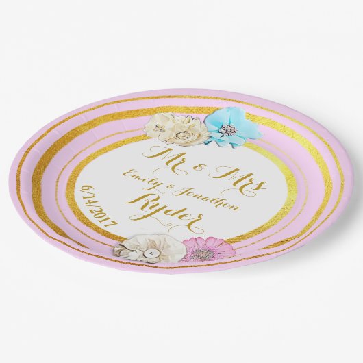 Assiettes En Carton Plaques de papier Mariage rose, bleu et or (Angle)