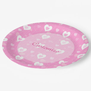 Assiettes En Carton Plaques de papier Motif rose et blanc Coeurs