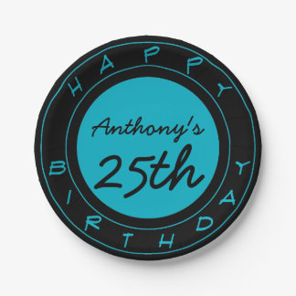 Assiettes En Carton Plaques de papier personnalisées Blue 25th Birthda