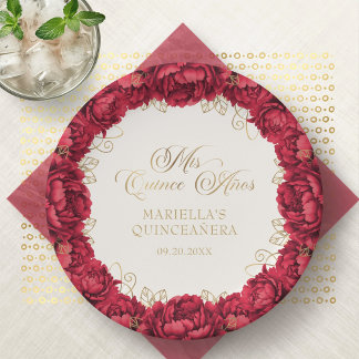 Assiettes En Carton Plaques de papier Quinceanera Floral Rouge
