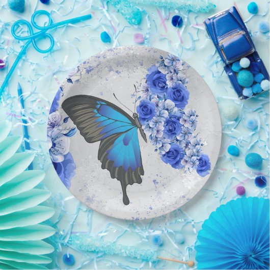 Assiettes En Carton Plaques de papier rond papillon floral bleu (Fête)