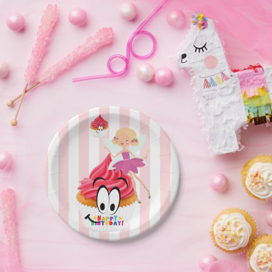 Assiettes En Carton Plaques de papier, rose et blanc rayures Fée Anniv (Fête)