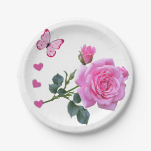 Assiettes En Carton Plaques de papier, Rose rose Floral Coeurs papillo