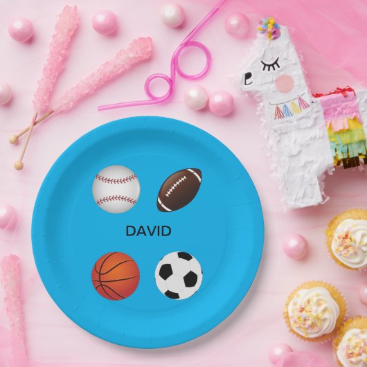 ASSIETTES EN CARTON PLAQUES DE PAPIER "SPORTS" AVEC NOM D'ENFANT. (Fête)