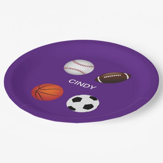 ASSIETTES EN CARTON PLAQUES DE PAPIER "SPORTS" AVEC NOM D'ENFANT. (Angle)