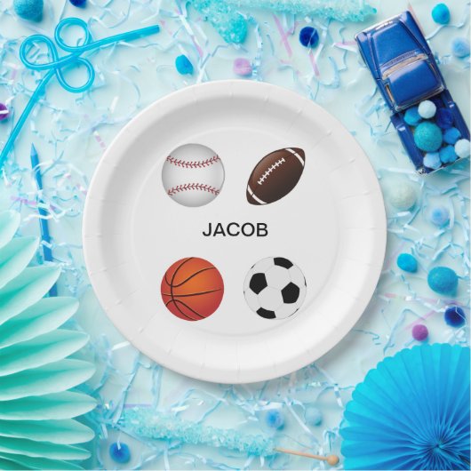 ASSIETTES EN CARTON PLAQUES DE PAPIER "SPORTS" AVEC NOM D'ENFANT. (Fête)