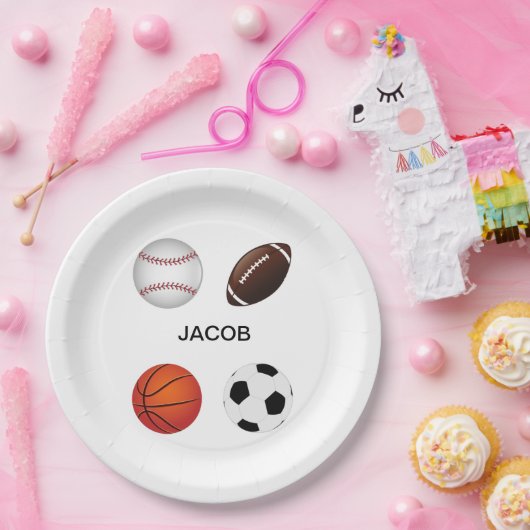 ASSIETTES EN CARTON PLAQUES DE PAPIER "SPORTS" AVEC NOM D'ENFANT. (Fête)