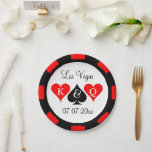 Assiettes En Carton Plaques design de jetons de mariage de Las Vegas<br><div class="desc">Las Vegas mariage poker puce conception plaques en papier Couleurs rouges et noires avec des icônes de combinaisons de cartes à jouer. Roi et Reine des coeurs avec pique noir. Ajoutez votre propre nom personnalisé de mariée et mariée plus la date du mariage. Fournitures jetables pour les couples mariés ou...</div>