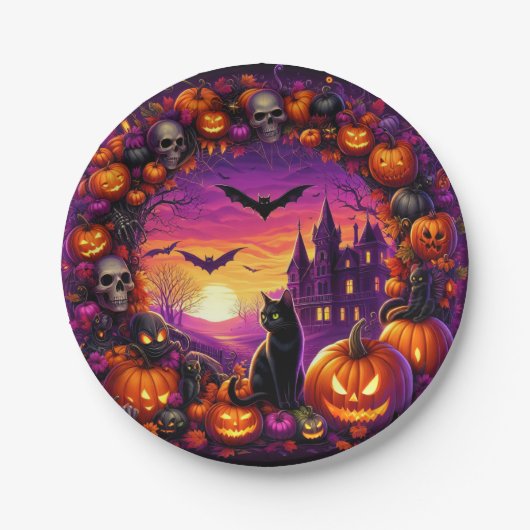 Assiettes En Carton Plaques d'Halloween éffrayant Citrouilles et Maiso (Devant)