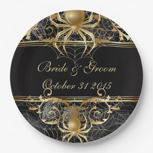 Assiettes En Carton Plaques d'Halloween ou de mariage d'Araignée d'or (Devant)