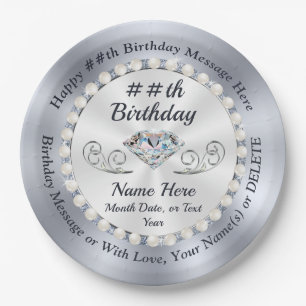 Assiettes En Carton Plaques, diamants et perles d'anniversaire personn