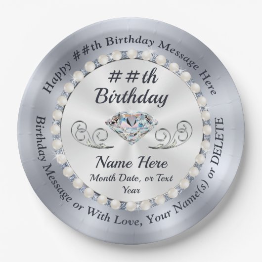 Assiettes En Carton Plaques, diamants et perles d'anniversaire personn (Devant)