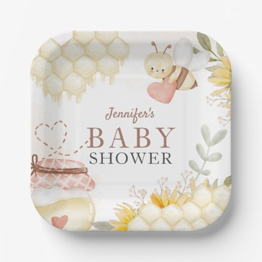 Assiettes En Carton Plaques en papier Baby shower d'abeille (Recto)