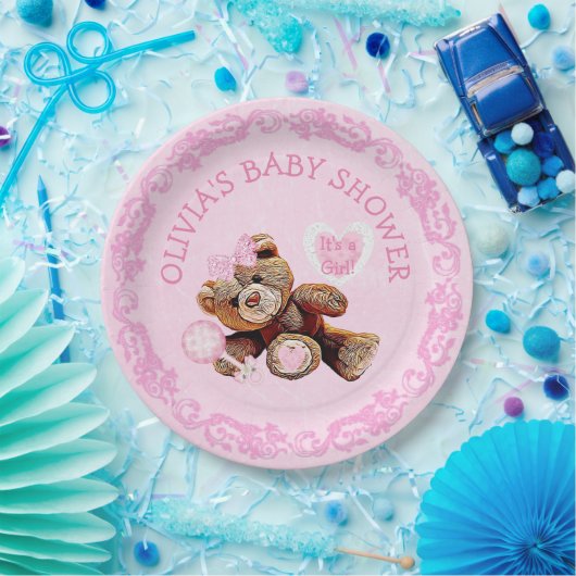 Assiettes En Carton Plaques en papier Baby shower en tèdre rose (Fête)