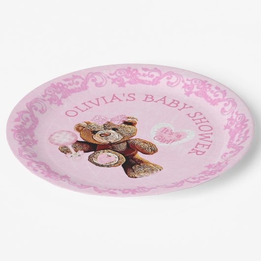 Assiettes En Carton Plaques en papier Baby shower en tèdre rose (Angle)