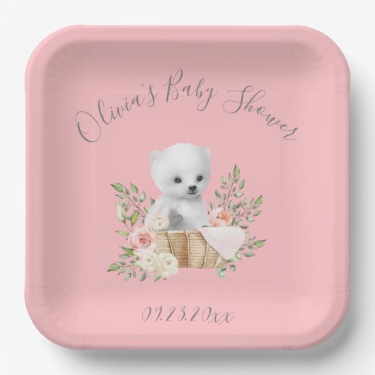 Assiettes En Carton Plaques en papier Baby shower rose ours polaire (Recto)