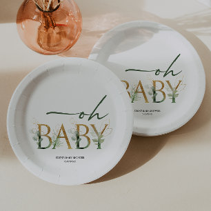 Assiettes En Carton Plaques en papier Baby shower vert et or moderne