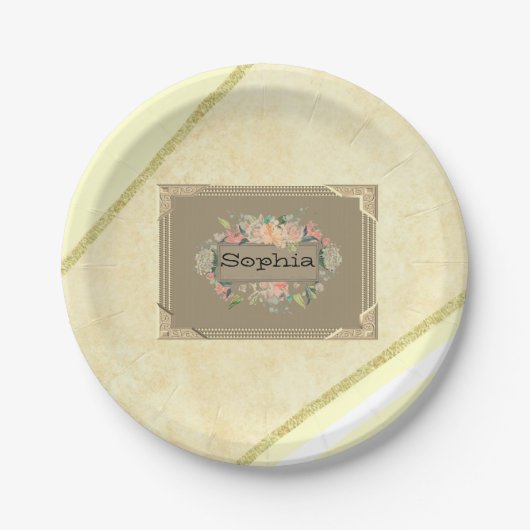 Assiettes En Carton Plaques en papier, Bige Or Bande Florale Monogramm (Devant)