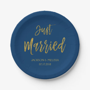 Assiettes En Carton Plaques en papier bleu et or de la marine mariée