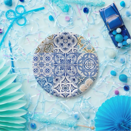 Assiettes En Carton Plaques en papier carrelage bleu (Fête)