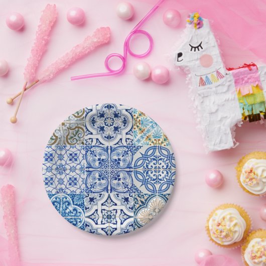 Assiettes En Carton Plaques en papier carrelage bleu (Fête)