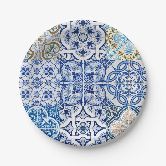Assiettes En Carton Plaques en papier carrelage bleu (Devant)