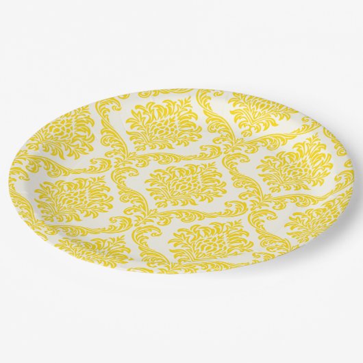 Assiettes En Carton Plaques en papier Damas jaune et blanc (Angle)