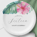 Assiettes En Carton Plaques en papier d'anniversaire Sweet 16 Tropical<br><div class="desc">Ces plaques en papier d'anniversaire sont ornées de fleurs d'hibiscus tropicales à l'aquarelle dans les tons roses avec des feuilles de palmiers monstères. Les mots "Sweet sixteen" sont placés dans une typographie à la mode. Parfait pour une fête d'été sur le thème du luau. Art tropical unique de Victoria Grigaliunas...</div>