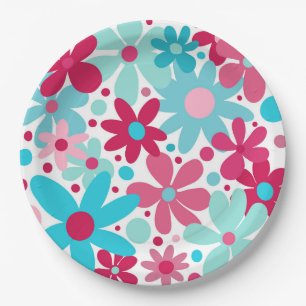 Assiettes En Carton Plaques en papier de fleurs funky bleu et rose