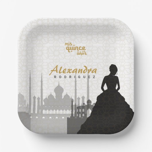 Assiettes En Carton Plaques en papier de Quinceañera noir et or arabe (Recto)