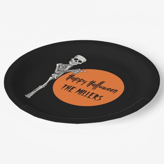 Assiettes En Carton Plaques en papier d'Halloween squelette noir (Angle)