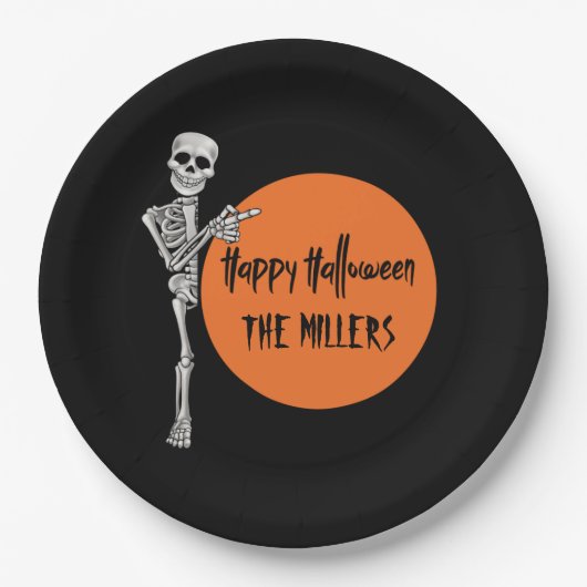 Assiettes En Carton Plaques en papier d'Halloween squelette noir (Devant)